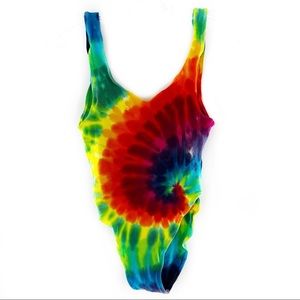 ⭐ Vintage 90s Sundog Rainbow Swirl One-Piece Swimsuit Leotard Bodysuit Siz…